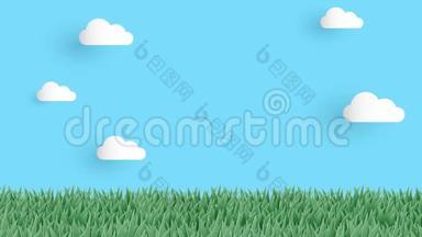 可爱的背景动画循环镜头的草地与绿色的草地上的蓝天和白云与您的纸艺术风格